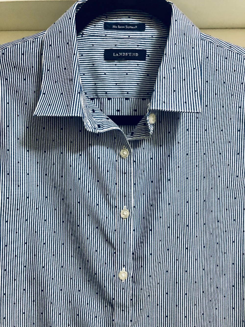 Lands End Women’s Med pinstripe No Iron shirt blue white and dots